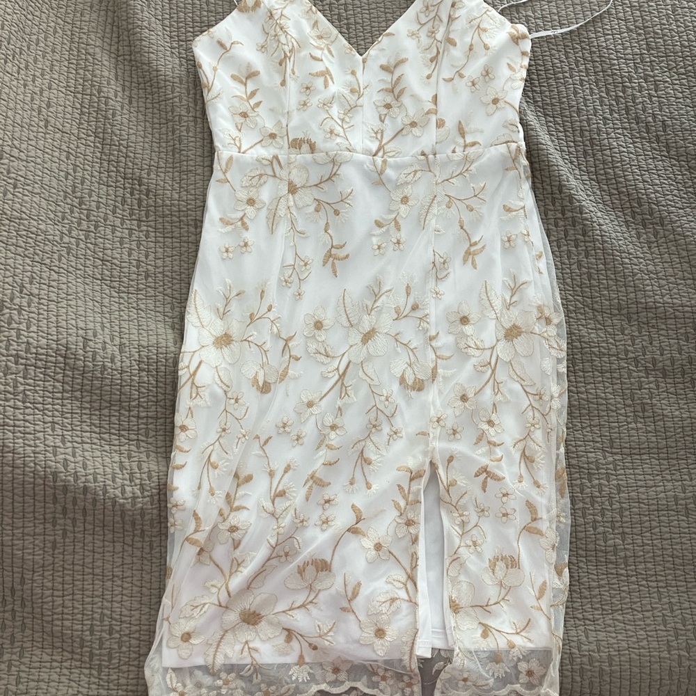 Lulu's Starleena Cream and Taupe Floral Embroidered Bodycon Midi Dress